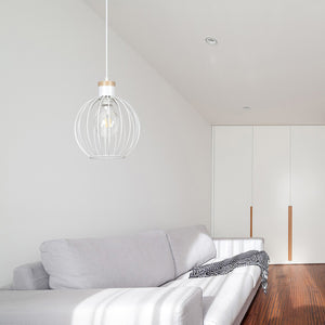 Sospensione 1 Luce Morgana Paralume A Gabbia In Acciaio Bianco E Legno Naturale