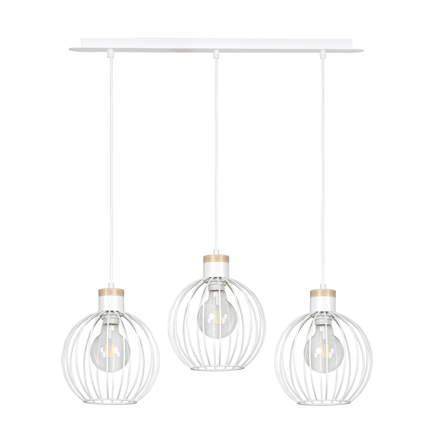 Lampadario 3 Luci Morgana Paralumi A Gabbia In Acciaio Bianco E Legno Naturale