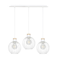 Lampadario 3 Luci Morgana Paralumi A Gabbia In Acciaio Bianco E Legno Naturale