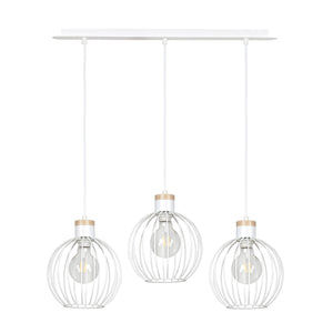 Lampadario 3 Luci Morgana Paralumi A Gabbia In Acciaio Bianco E Legno Naturale
