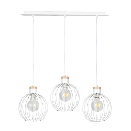 Lampadario 3 Luci Morgana Paralumi A Gabbia In Acciaio Bianco E Legno Naturale