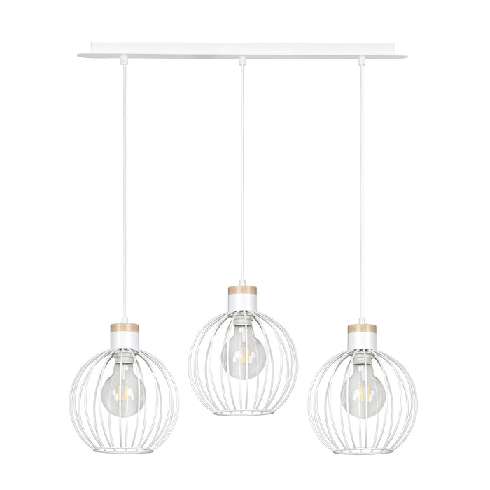 Lampadario 3 Luci Morgana Paralumi A Gabbia In Acciaio Bianco E Legno Naturale