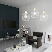 Lampadario 3 Luci Morgana Paralumi A Gabbia In Acciaio Bianco E Legno Naturale