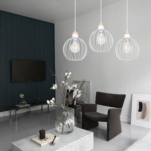 Lampadario 3 Luci Morgana Paralumi A Gabbia In Acciaio Bianco E Legno Naturale