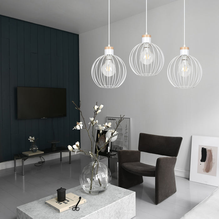 Lampadario 3 Luci Morgana Paralumi A Gabbia In Acciaio Bianco E Legno Naturale