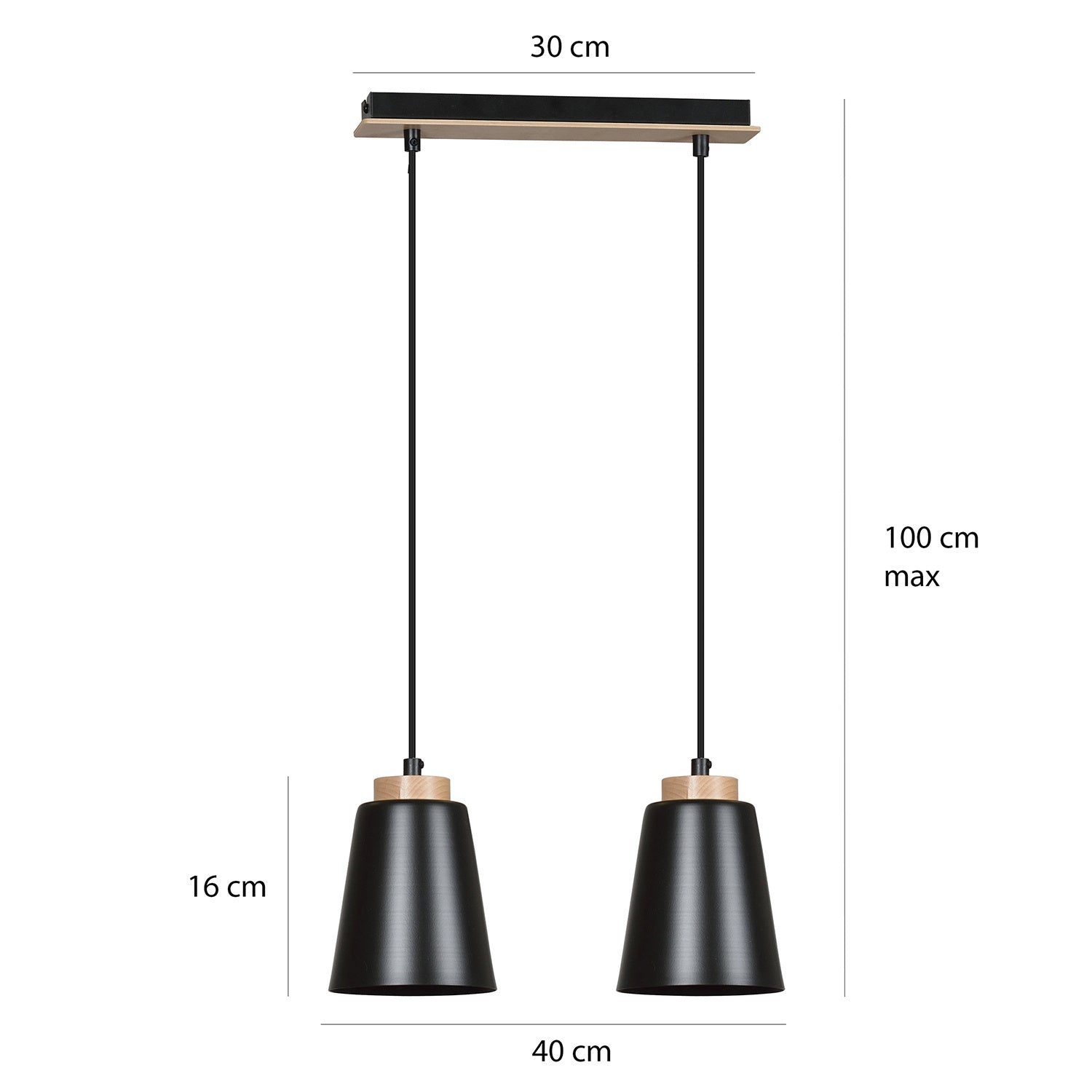 Lampadario 2 Luci Lancillotto Con Paralumi A Cono In Acciaio Nero E Legno Naturale