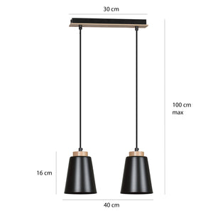 Lampadario 2 Luci Lancillotto Con Paralumi A Cono In Acciaio Nero E Legno Naturale