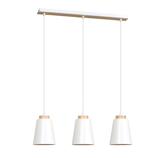 Lampadario 3 Luci Lancillotto Con Paralumi A Cono In Acciaio Bianco E Legno Naturale