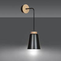 Applique 1 Luce Lancillotto A Cono In Acciaio Nero E Legno Naturale