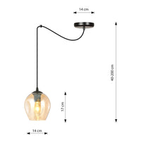 Sospensione 1 Luce Parsifal In Acciaio Nero E Vetro Ambra Con Cavi Lunghi