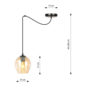 Sospensione 1 Luce Parsifal In Acciaio Nero E Vetro Ambra Con Cavi Lunghi