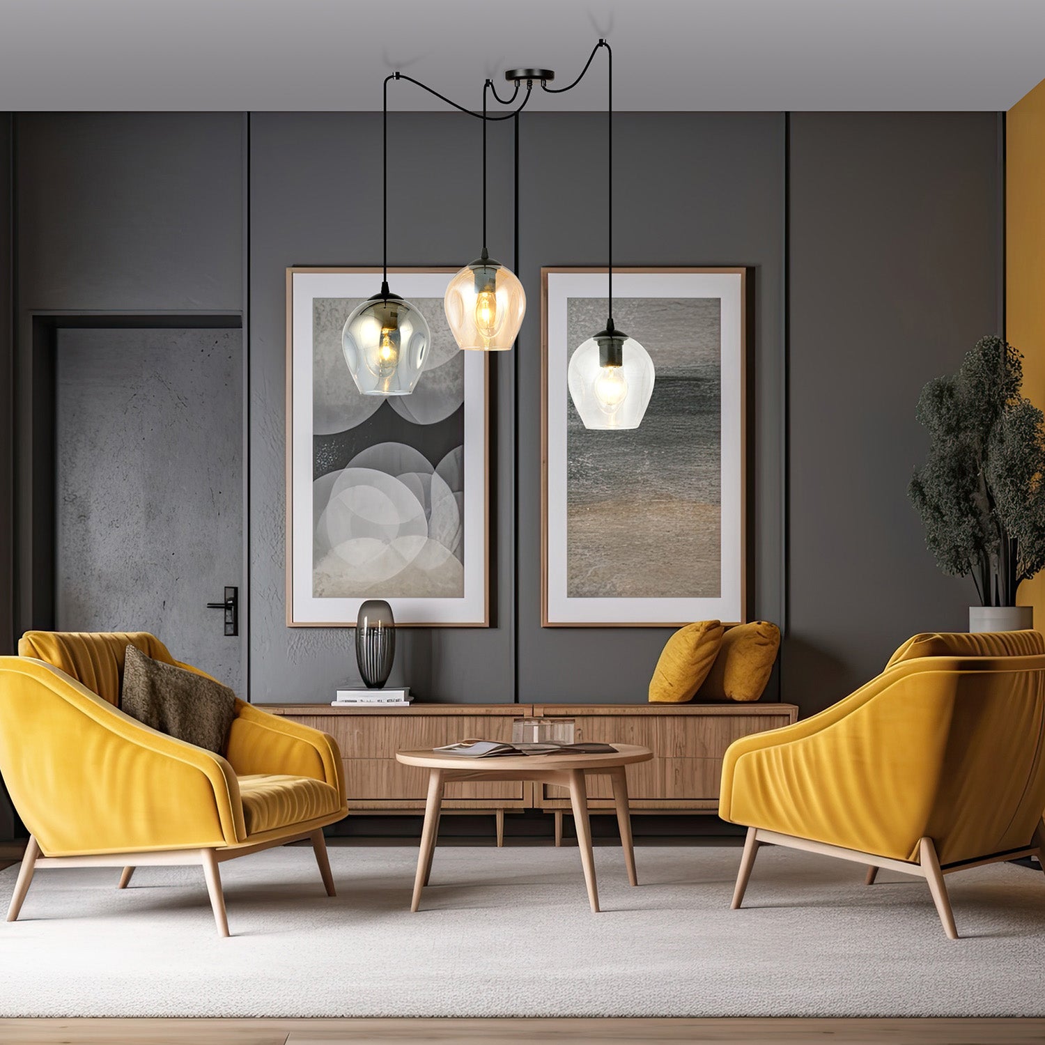 Sospensione 3 Luci Parsifal In Acciaio Nero E Vetro Multicolor Con Cavi Lunghi