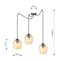 Sospensione 3 Luci Parsifal In Acciaio Nero E Vetro Ambra Con Cavi Lunghi