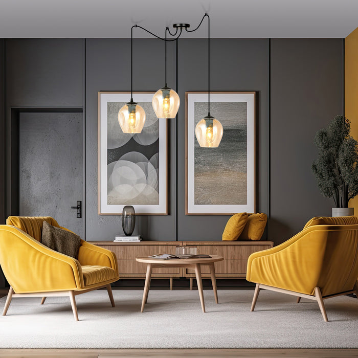 Sospensione 3 Luci Parsifal In Acciaio Nero E Vetro Ambra Con Cavi Lunghi