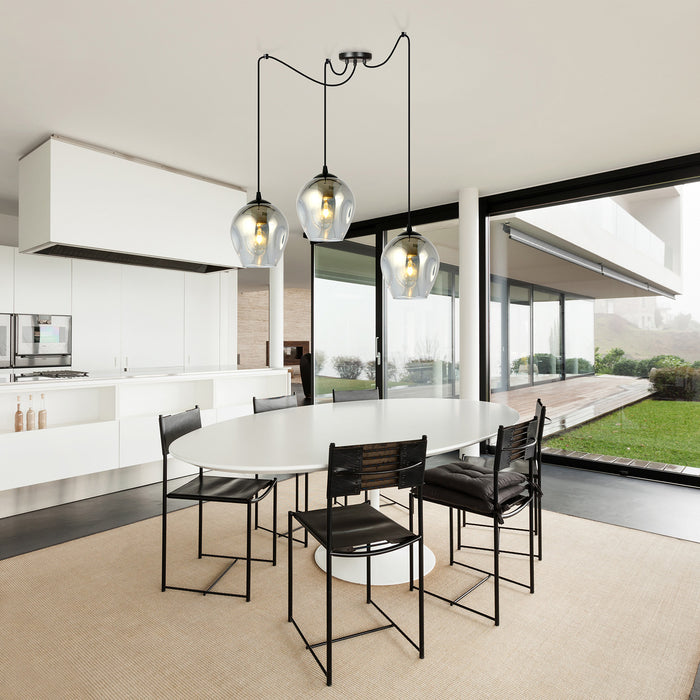 Sospensione 3 Luci Parsifal In Acciaio Nero E Vetro Fumè Con Cavi Lunghi