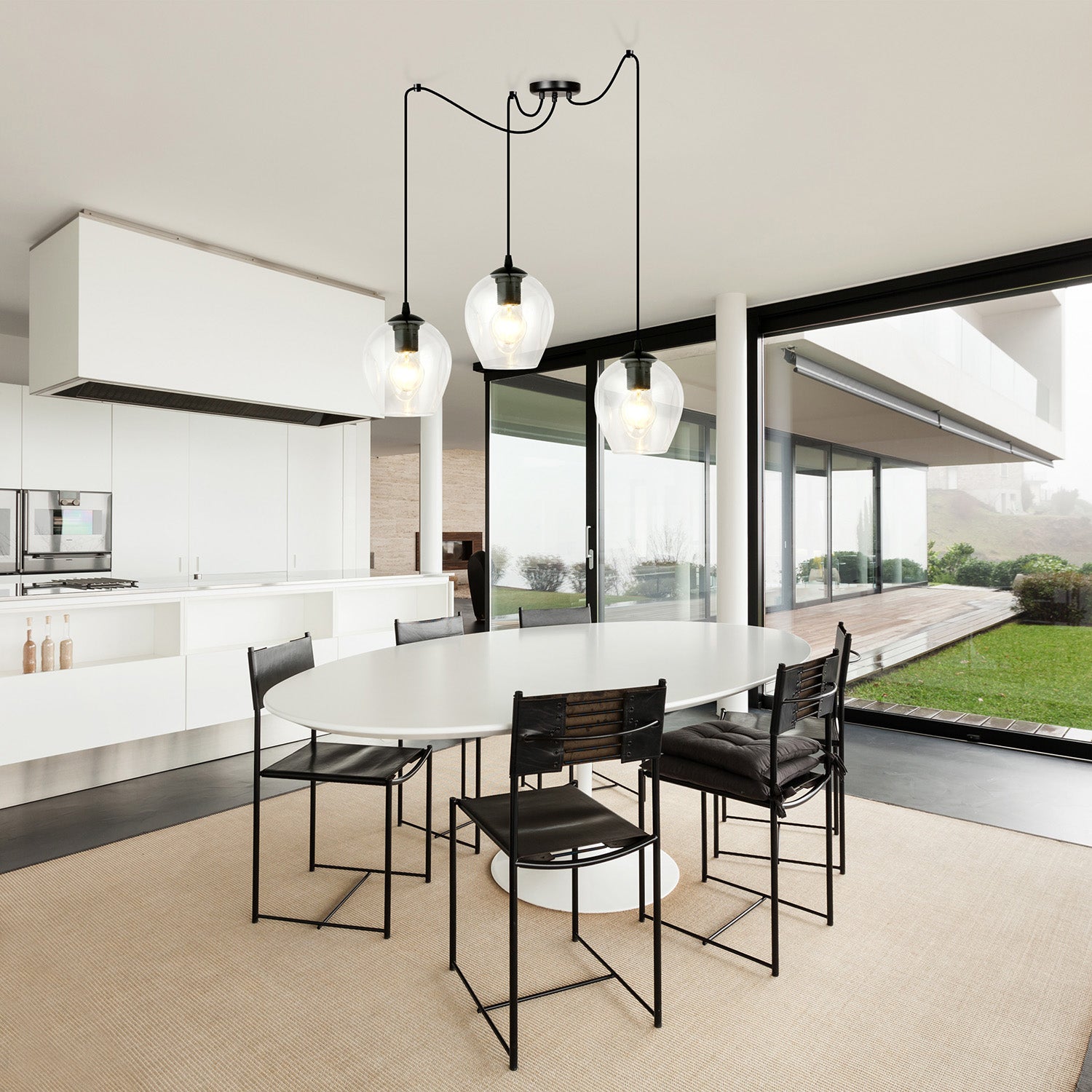 Sospensione 3 Luci Parsifal In Acciaio Nero E Vetro Trasparente Con Cavi Lunghi