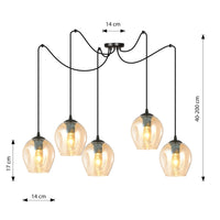 Sospensione 5 Luci Parsifal In Acciaio Nero E Vetro Ambra Con Cavi Lunghi