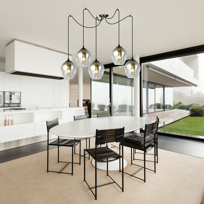 Sospensione 5 Luci Parsifal In Acciaio Nero E Vetro Fumè Con Cavi Lunghi