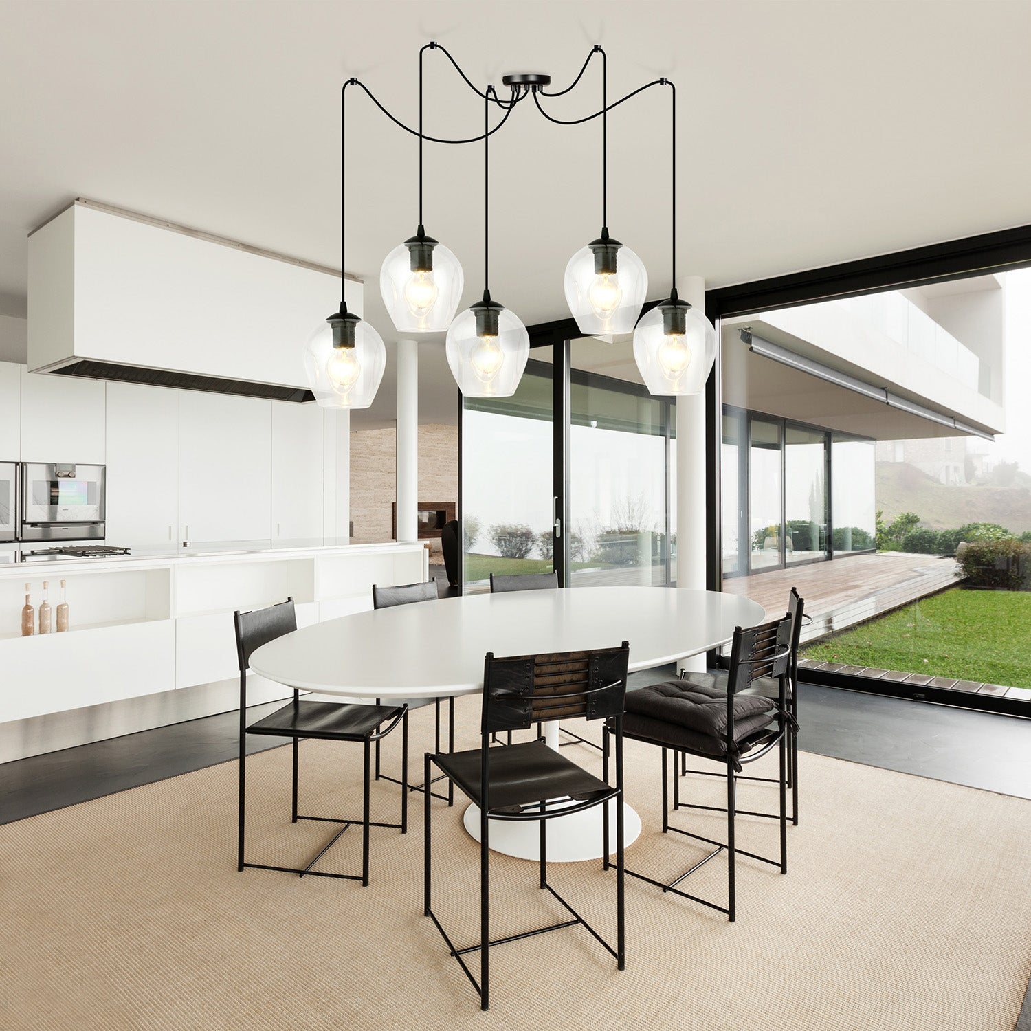 Sospensione 5 Luci Parsifal In Acciaio Nero E Vetro Trasparente Con Cavi Lunghi