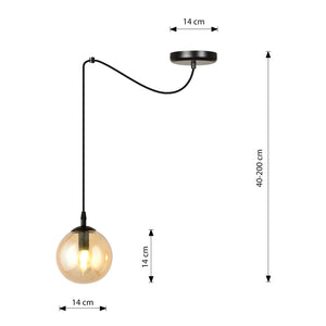 Sospensione 1 Luce Ginevra In Acciaio Nero Con Cavo Lungo E Vetro Ambra