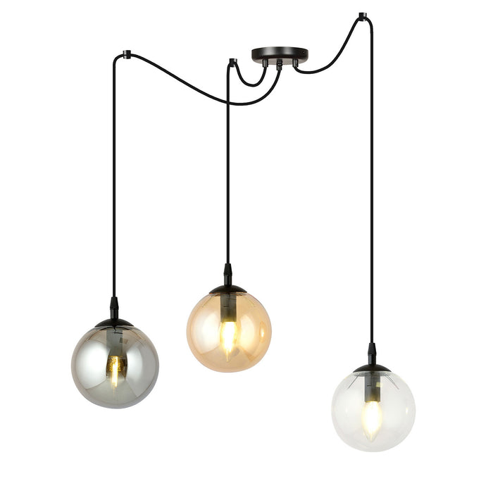 Lampadario 3 Luci Ginevra In Acciaio Nero Con Cavo Lungo E Vetri Multicolor