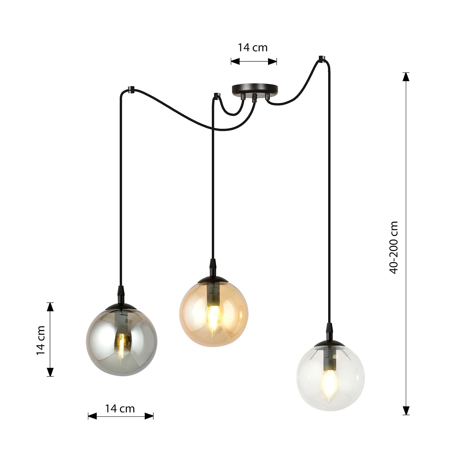 Lampadario 3 Luci Ginevra In Acciaio Nero Con Cavo Lungo E Vetri Multicolor