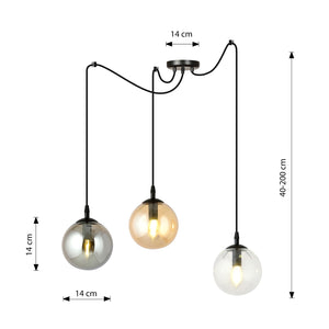 Lampadario 3 Luci Ginevra In Acciaio Nero Con Cavo Lungo E Vetri Multicolor