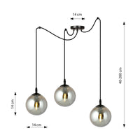 Lampadario 3 Luci Ginevra In Acciaio Nero Con Cavo Lungo E Vetri Fumè