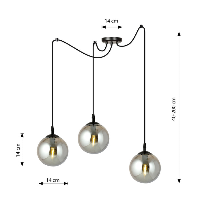 Lampadario 3 Luci Ginevra In Acciaio Nero Con Cavo Lungo E Vetri Fumè