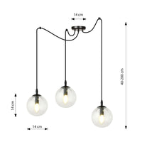 Lampadario 3 Luci Ginevra In Acciaio Nero Con Cavo Lungo E Vetri Trasparente