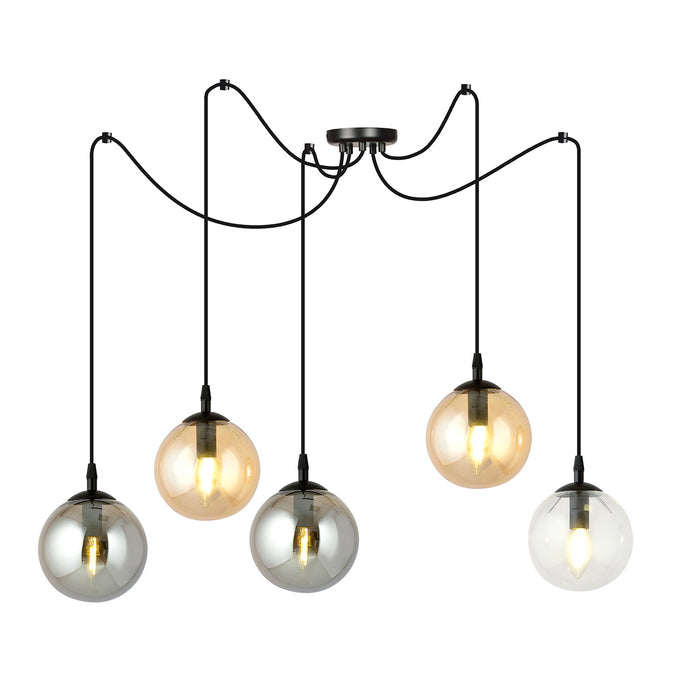 Lampadario 5 Luci Ginevra In Acciaio Nero Con Cavo Lungo E Vetri Multicolor