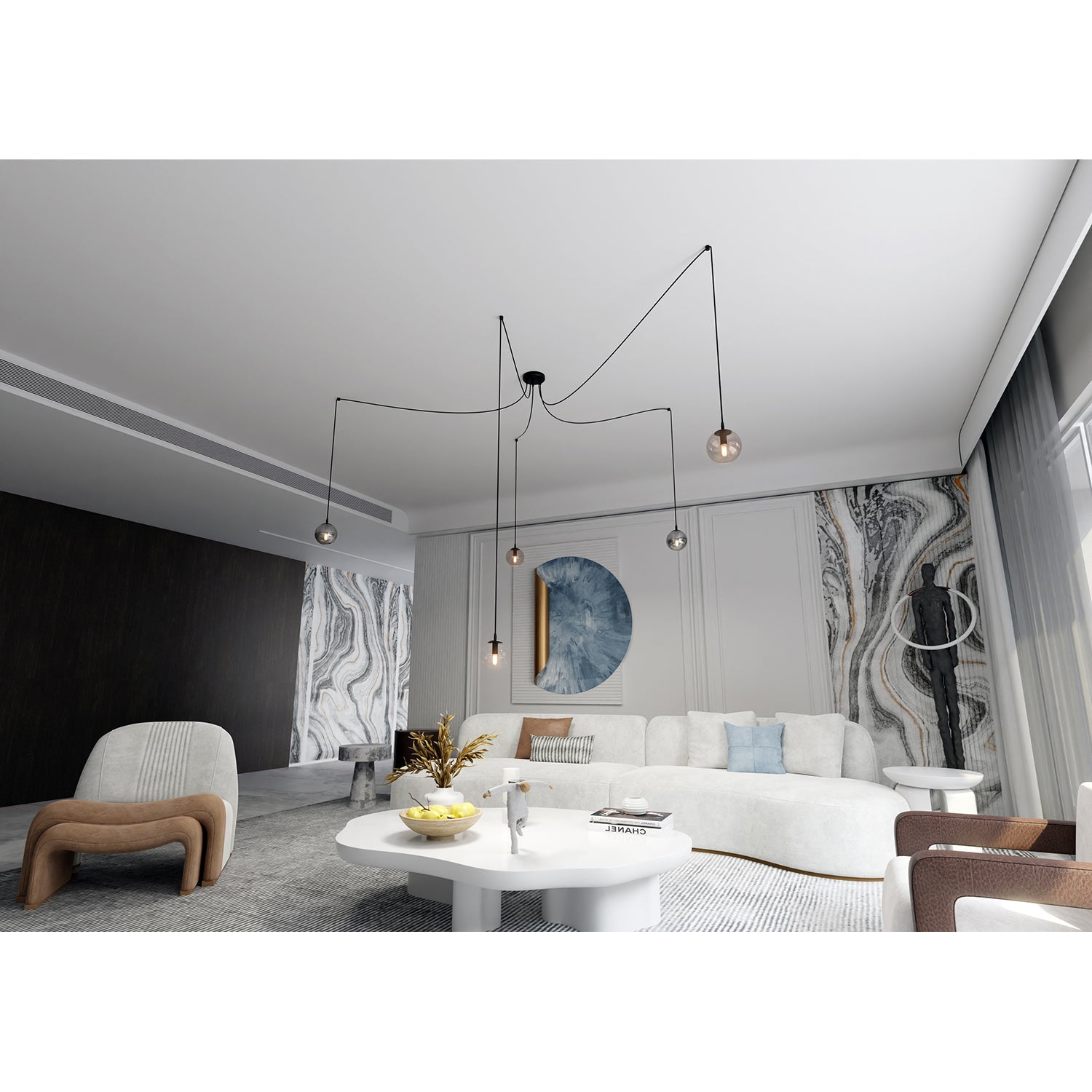 Lampadario 5 Luci Ginevra In Acciaio Nero Con Cavo Lungo E Vetri Multicolor