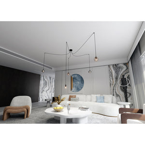 Lampadario 5 Luci Ginevra In Acciaio Nero Con Cavo Lungo E Vetri Multicolor