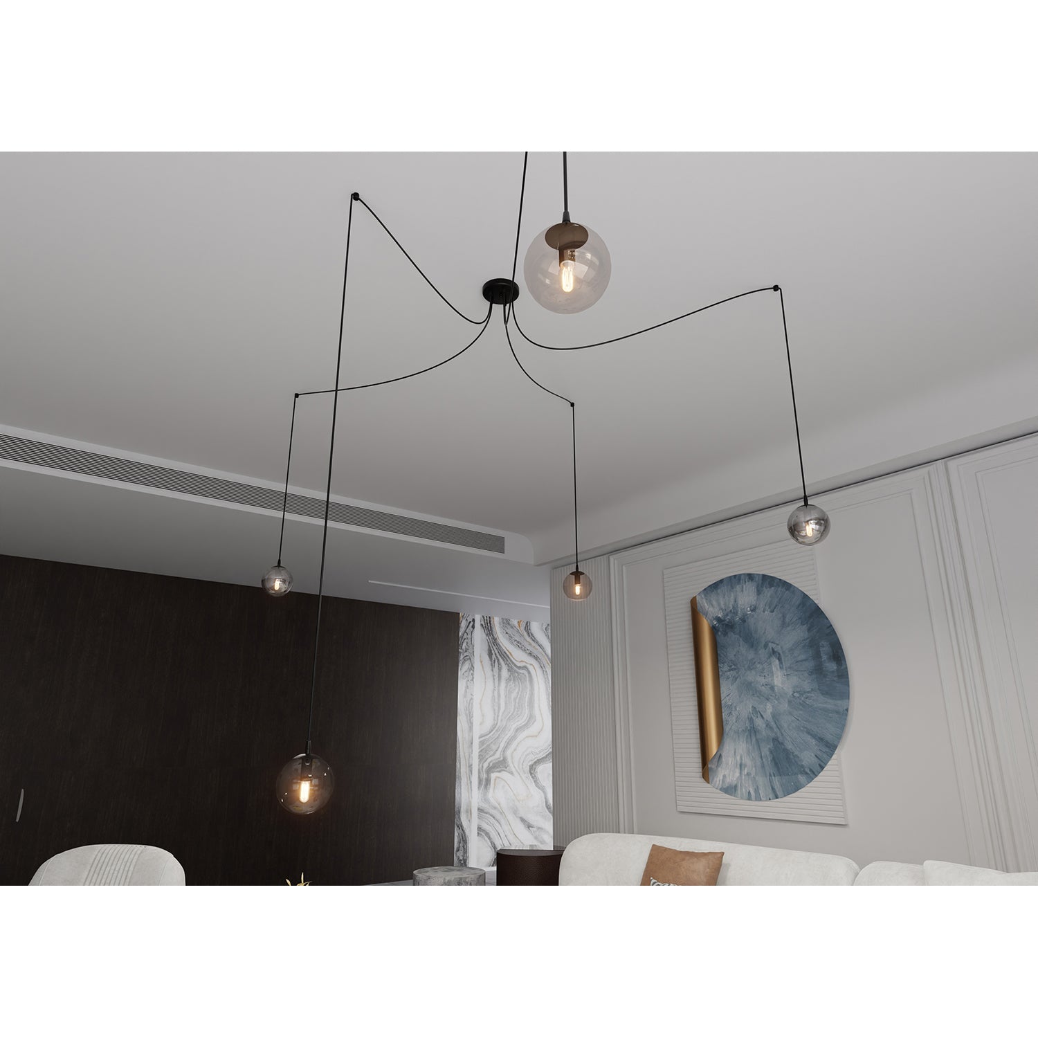 Lampadario 5 Luci Ginevra In Acciaio Nero Con Cavo Lungo E Vetri Multicolor