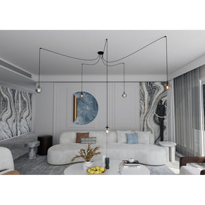 Lampadario 5 Luci Ginevra In Acciaio Nero Con Cavo Lungo E Vetri Multicolor