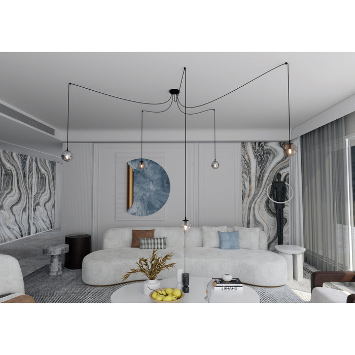 Lampadario 5 Luci Ginevra In Acciaio Nero Con Cavo Lungo E Vetri Multicolor