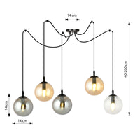 Lampadario 5 Luci Ginevra In Acciaio Nero Con Cavo Lungo E Vetri Multicolor