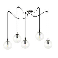 Lampadario 5 Luci Ginevra In Acciaio Nero Con Cavo Lungo E Vetri Trasparente