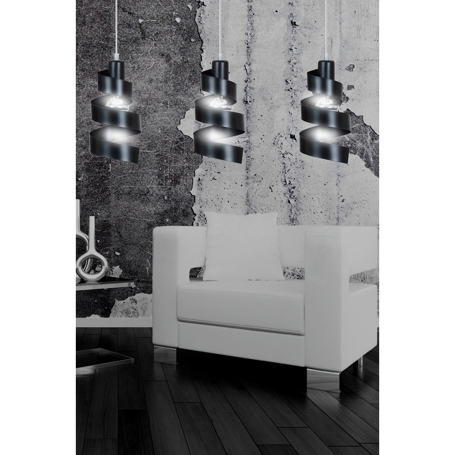 Lampadario Moderno 3 Luci Tristano In Acciaio Nero Con Fasce A Spirale