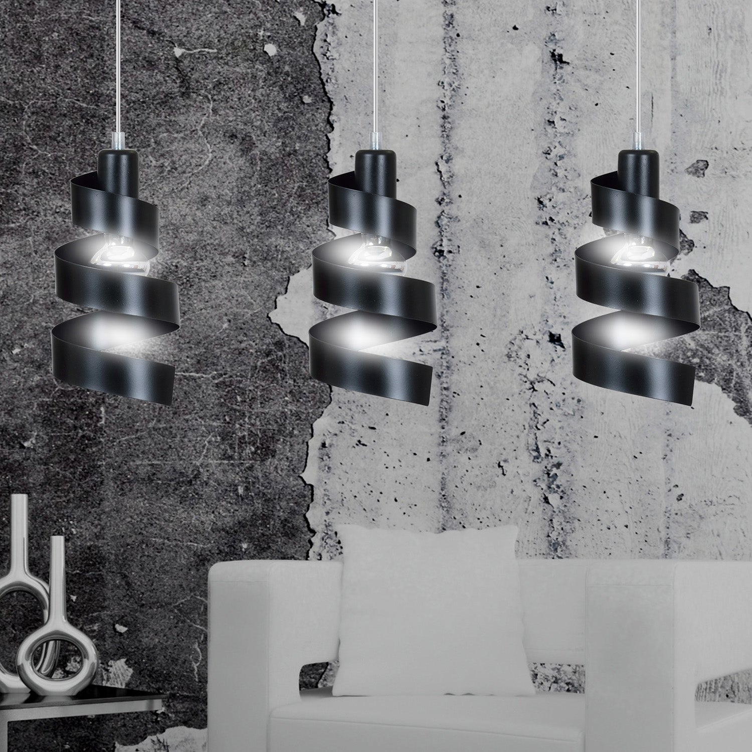 Lampadario Moderno 3 Luci Tristano In Acciaio Nero Con Fasce A Spirale