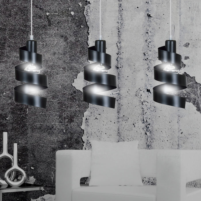 Lampadario Moderno 3 Luci Tristano In Acciaio Nero Con Fasce A Spirale