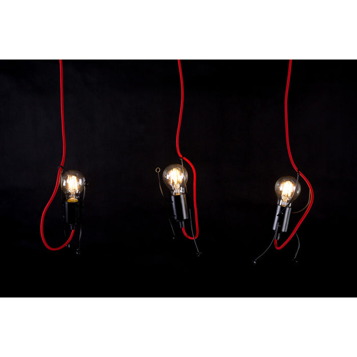 Sospensione 3 Luci Moderna Isotta In Acciaio Nero E Cavi Rossi A Figura Umana