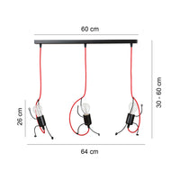 Sospensione 3 Luci Moderna Isotta In Acciaio Nero E Cavi Rossi A Figura Umana