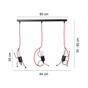 Sospensione 3 Luci Moderna Isotta In Acciaio Nero E Cavi Rossi A Figura Umana