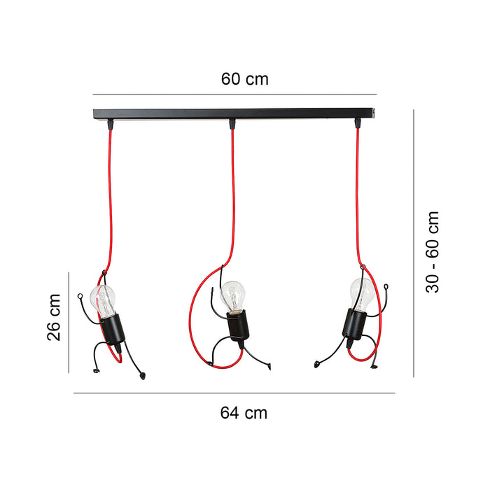 Sospensione 3 Luci Moderna Isotta In Acciaio Nero E Cavi Rossi A Figura Umana