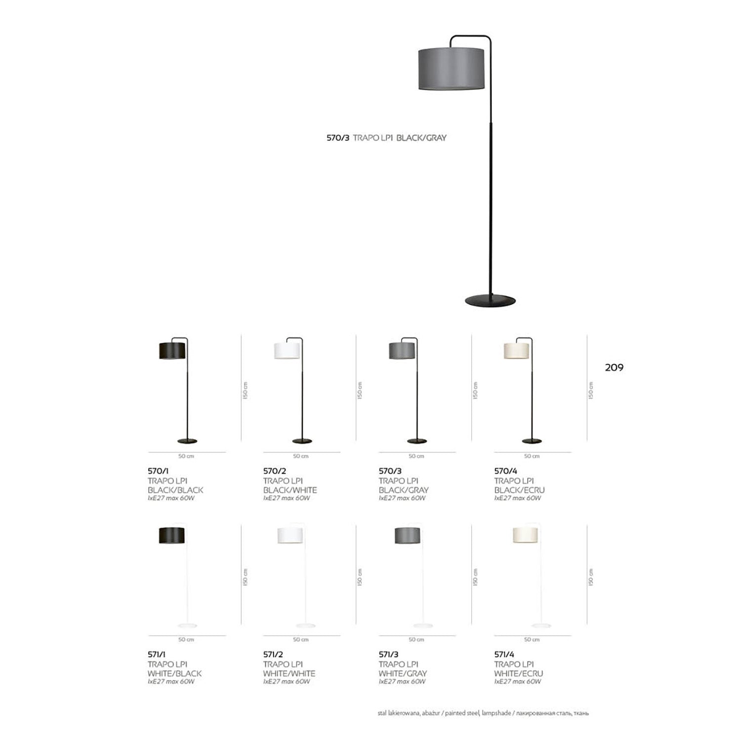 Piantana Contemporaneo Sigfrido Acciaio Nero Bianco 1 Luce E27 Ip20