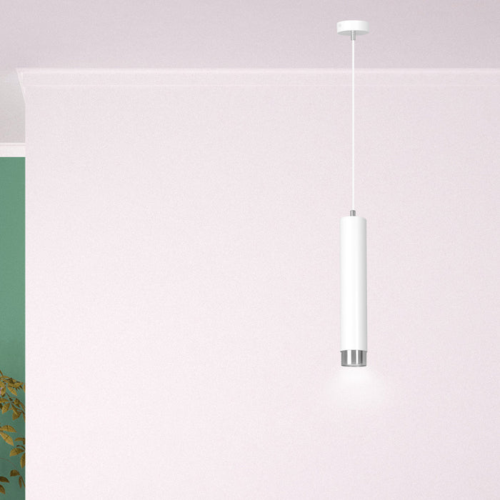 Sospensione 1 Luce Brunilde In Acciaio Bianco Con Tubolare In Bianco E Cromo