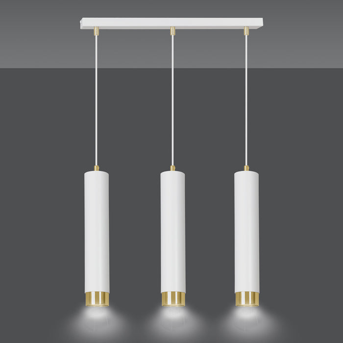 Lampadario 3 Luci Brunilde In Acciaio Bianco E Tubolari In Bianco E Oro