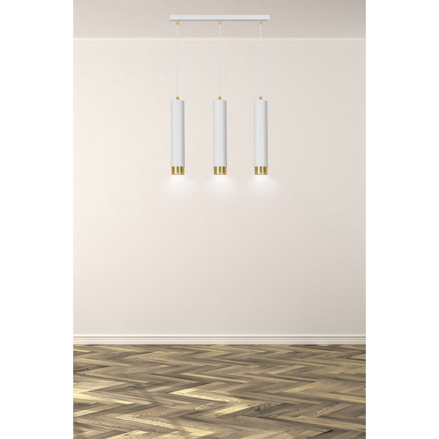 Lampadario 3 Luci Brunilde In Acciaio Bianco E Tubolari In Bianco E Oro