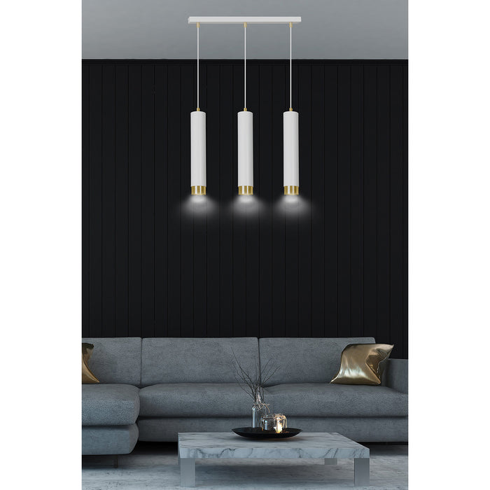 Lampadario 3 Luci Brunilde In Acciaio Bianco E Tubolari In Bianco E Oro